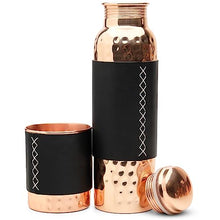 Load image into Gallery viewer, Kitchen Science Copper Water Bottle (34oz/1000ml) w/Copper Tumbler and Leather Sleeves | Pure Copper Bottle for Drinking Water | Lab-Tested, Leak-Proof | Authentic Ayurvedic Copper Bottle