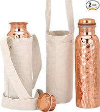 Load image into Gallery viewer, Authentic Ayurvedic Copper Water Bottle Pack of 2 for Drinking Water | Large 34OZ Copper Vessel | 2 Canvas Bottle Carrying Bags