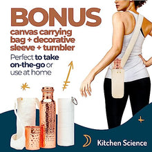 Load image into Gallery viewer, Kitchen Science Copper Water Bottle (34oz/1000 ml) w/ Copper Tumbler, Carrying Bag & Deco Sleeve | Pure Copper Bottle for Drinking Water | Lab-Tested, Leak-Proof | Authentic Ayurvedic Copper Bottle