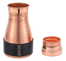 Load image into Gallery viewer, Kitchen Science Pure Copper Bedside Carafe | Handmade Jute Placemat | Leather Sleeve | 32 Oz | Leakproof Lid