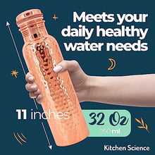 Load image into Gallery viewer, Kitchen Science Copper Water Bottle (34oz/1000 ml) w/ Copper Tumbler, Carrying Bag & Deco Sleeve | Pure Copper Bottle for Drinking Water | Lab-Tested, Leak-Proof | Authentic Ayurvedic Copper Bottle