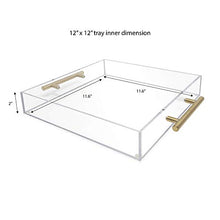 Load image into Gallery viewer, Isaac Jacobs Clear Acrylic Serving Tray (12x12) with Gold Metal Handles, Spill-Proof, Stackable Organizer, Food & Drinks Server, Indoors/Outdoors, Lucite Storage Décor (12x12, Clear with Gold Handle)