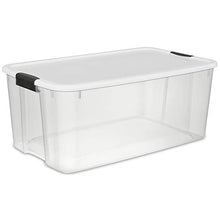 Load image into Gallery viewer, Sterilite 19909804 116 Quart/110 Liter Ultra Latch Box, Clear with a White Lid and Black Latches, 4-Pack