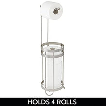 Load image into Gallery viewer, mDesign Metal Decorative Freestanding Toilet Paper Roll Holder Stand and Dispenser with Storage for 3 Extra Rolls of Reserve Toilet Tissue - for Bathroom Storage Organizing - Holds Mega Rolls - Satin