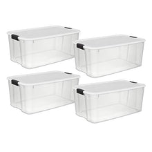 Load image into Gallery viewer, Sterilite 19909804 116 Quart/110 Liter Ultra Latch Box, Clear with a White Lid and Black Latches, 4-Pack