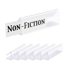 Load image into Gallery viewer, Pack of 25 – Clear Plastic Shelf Label Holder, Wood Shelf Sign and Ticket Holder, Clips On to Shelves 5/8" to 3/4" Thick - Length of Label Area, 3" X Height of Label Area, 7/8"