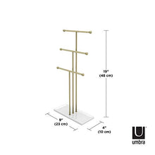 Load image into Gallery viewer, Umbra Trigem Hanging Jewelry Organizer Tiered Tabletop Countertop Free Standing Necklace Holder Display, 3, Brass/White