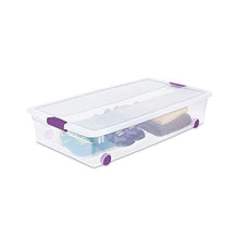 Load image into Gallery viewer, Sterilite 17611704 60 Quart/57 Liter ClearView Latch Wheeled Underbed Box, Clear Lid and Base with Sweet Plum Latches and Wheels, 4-Pack