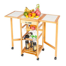 Load image into Gallery viewer, Henf Portable Rolling Drop Leaf Kitchen Storage Trolley Cart Island White Tile Top Folding Trolley Table with 1 Wood Drawer & 2 Steel Baskets Sapele Color