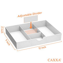 Load image into Gallery viewer, CAXXA 3 Slot Drawer Organizer with Two Adjustable Dividers - Drawer Storage 5 Compartments Junk Drawer Organizer for Office Desk Supplies and Accessories, White