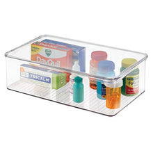 Load image into Gallery viewer, mDesign Stackable Plastic Storage Bin Box with Hinged Lid - Organizer for Vitamins, Supplements, Serums, Essential Oils, Medicine Pill Bottles, Adhesive Bandages, First Aid Supplies - Clear