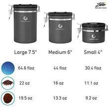Load image into Gallery viewer, Coffee Gator Stainless Steel Coffee Grounds and Beans Container Canister with Date-Tracker, CO2-Release Valve and Measuring Scoop, Medium, Gray