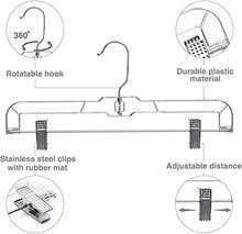 Load image into Gallery viewer, Hanger Central 25 Pack Heavy Duty Slim Plastic Crystal Clear Bottoms Hangers with Rigid Metal Sliding Pinch Clips, Pants and Skirt Hangers, 14 Inches