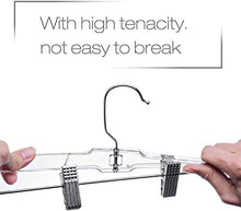 Load image into Gallery viewer, Hanger Central 25 Pack Heavy Duty Slim Plastic Crystal Clear Bottoms Hangers with Rigid Metal Sliding Pinch Clips, Pants and Skirt Hangers, 14 Inches