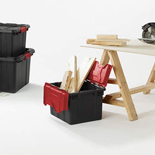 Load image into Gallery viewer, Sterilite 14619006 12 Gallon/45 Liter Hinged Lid Industrial Tote, Racer Red Lid w/ Black Base, 6-Pack