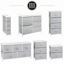 Load image into Gallery viewer, mDesign Narrow Vertical Dresser Storage Tower - Sturdy Metal Frame, Wood Top, Easy Pull Fabric Bins - Organizer Unit for Bedroom, Hallway, Entryway, Closet - Textured Print, 4 Drawers - Gray/White
