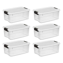 Load image into Gallery viewer, Sterilite 19849806 18 Quart/17 Liter Ultra Latch Box, Clear with a White Lid and Black Latches, 6-Pack