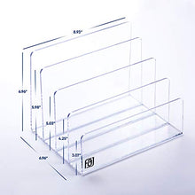 Load image into Gallery viewer, Acrylic File Organizer, Clear Folder Sorter, Desk, Office, Letter, Notebook, Electronics, Purse, Palette, Book, Holder, 4 Sections, Lucite, 9-Inch Wide x 7-Inch Deep x 7-Inch High.