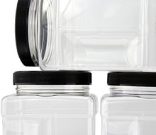 Load image into Gallery viewer, 32-Ounce Square Plastic Jars (4-Pack); Clear Rectangular 4-Cup Canisters w/Black Lids, Easy-Grip Side