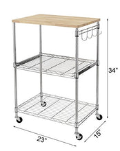Load image into Gallery viewer, Finnhomy 3-Tier Wire Rolling Kitchen Cart, Food Service Cart, Microwave Stand, Oak Cutting Board and Chrome