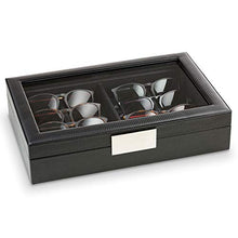 Load image into Gallery viewer, Glenor Co Sunglasses Organizer Case - 8 Slot Storage Holder to Display Sunglass/Eye Glasses - Modern Box with Clear Glass Top and Metal Buckle for Men and Women - Carbon Fiber Leather Design - Black