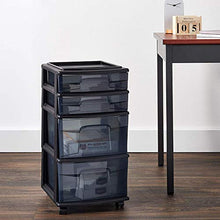 Load image into Gallery viewer, HOMZ Plastic 4 Drawer Medium Cart, Black Frame with Smoke Tint Drawers, Casters Included, Set of 1