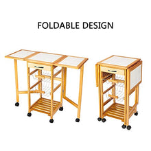 Load image into Gallery viewer, Henf Portable Rolling Drop Leaf Kitchen Storage Trolley Cart Island White Tile Top Folding Trolley Table with 1 Wood Drawer & 2 Steel Baskets Sapele Color