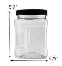 Load image into Gallery viewer, 32-Ounce Square Plastic Jars (4-Pack); Clear Rectangular 4-Cup Canisters w/Black Lids, Easy-Grip Side
