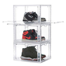 Load image into Gallery viewer, Stackable Sneaker Storage Box with 4-Side Door, Clear Plastic Shoe Storage Box Sneaker Display Case Fits for Men's 11/Women's 12 (3 Pack)