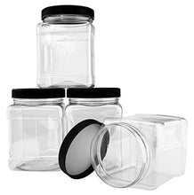 Load image into Gallery viewer, 32-Ounce Square Plastic Jars (4-Pack); Clear Rectangular 4-Cup Canisters w/Black Lids, Easy-Grip Side