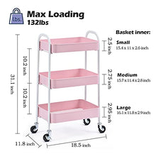 Load image into Gallery viewer, TOOLF 3 Tier Rolling Cart, No Screw Metal Utility Cart, Easy Assemble Utility Serving Cart, Sturdy Storage Trolley with Handles, Locking Wheels, for Classroom Office Home Bedroom Bathroom, Pink