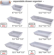 Load image into Gallery viewer, Mebbay 10 Pack Expandable Drawer Organizer Grey Plastic Makeup Junk Drawer Organizer for Bathroom Office Kitchen 6-18.2"L with 40 pcs Non-Slip Pads