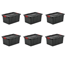 Load image into Gallery viewer, Sterilite 14649006 15 Gallon/57 Liter Industrial Tote, Black Lid & Base w/ Racer Red Latches, 6-Pack
