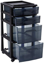 Load image into Gallery viewer, HOMZ Plastic 4 Drawer Medium Cart, Black Frame with Smoke Tint Drawers, Casters Included, Set of 1