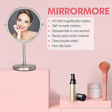 Load image into Gallery viewer, MIRRORMORE Professional 8" Vanity Mirror with 10X/1X Magnifying, Portable Makeup Mirror with Stand, Double Sided 350° Rotation Cosmetic Mirror, Senior Pearl Nickel, Round