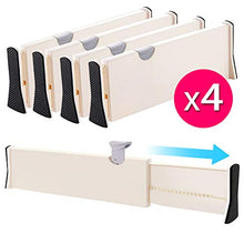 Load image into Gallery viewer, Drawer Dividers Organizer 4 Pack, Adjustable Separators 4" High Expandable from 11-17" for Bedroom, Bathroom, Closet,Clothing, Office, Kitchen Storage, Strong Secure Hold, Foam Ends, Locks in Place