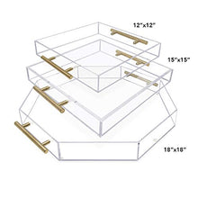 Load image into Gallery viewer, Isaac Jacobs Clear Acrylic Serving Tray (12x12) with Gold Metal Handles, Spill-Proof, Stackable Organizer, Food & Drinks Server, Indoors/Outdoors, Lucite Storage Décor (12x12, Clear with Gold Handle)
