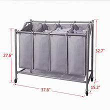 Load image into Gallery viewer, Ollieroo Laundry Sorter Cart 4 Bag with 4 Rolling Wheels Heavy Duty Laundry Organizer Cart Steel Frame Clothes Hamper Sorter, Grey