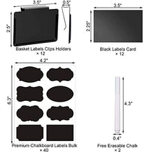Load image into Gallery viewer, 12 Pack Black Basket Labels Clip On with 40 Chalkboard Labels, Metal Label Holders for Storage Bins, Removable Bin Clip Labels for Baskets Pantry Labels Clips, Includes 12 Label Cards, 2 White Chalk