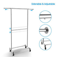 Load image into Gallery viewer, Simple Trending Double Rod Clothing Garment Rack, Rolling Clothes Organizer on Wheels for Hanging Clothes, Chrome