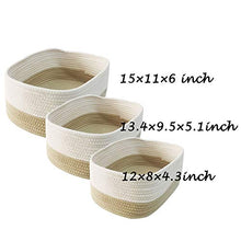 Load image into Gallery viewer, Set of 3 Small Cotton Rope Storage Baskets,Baby Nursery Organizer for Books,Magazines,Toys Storage Bin,White Woven Basket with Handles