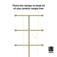 Load image into Gallery viewer, Umbra Trigem Hanging Jewelry Organizer Tiered Tabletop Countertop Free Standing Necklace Holder Display, 3, Brass/White