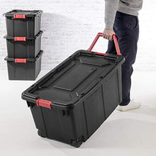 Load image into Gallery viewer, Sterilite 14649006 15 Gallon/57 Liter Industrial Tote, Black Lid & Base w/ Racer Red Latches, 6-Pack