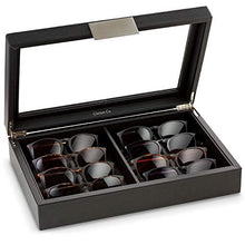 Load image into Gallery viewer, Glenor Co Sunglasses Organizer Case - 8 Slot Storage Holder to Display Sunglass/Eye Glasses - Modern Box with Clear Glass Top and Metal Buckle for Men and Women - Carbon Fiber Leather Design - Black