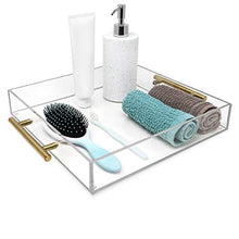 Load image into Gallery viewer, Isaac Jacobs Clear Acrylic Serving Tray (12x12) with Gold Metal Handles, Spill-Proof, Stackable Organizer, Food & Drinks Server, Indoors/Outdoors, Lucite Storage Décor (12x12, Clear with Gold Handle)