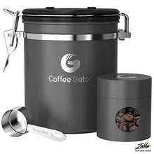 Load image into Gallery viewer, Coffee Gator Stainless Steel Coffee Grounds and Beans Container Canister with Date-Tracker, CO2-Release Valve and Measuring Scoop, Medium, Gray