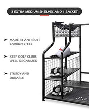 Load image into Gallery viewer, Mythinglogic Golf Storage Garage Organizer, 2 Golf Bag Storage Stand and Other Golfing Equipment Rack & 4 Removable Hooks, Extra Large Design for Golf Clubs Accessories