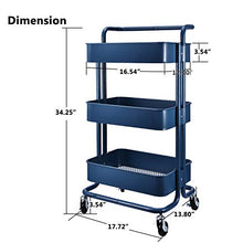 Load image into Gallery viewer, 3-Tier Metal Mesh Storage Utility Cart with Brake Wheels, Rolling Cart with Removable Handle, Navy Blue