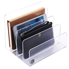Load image into Gallery viewer, Acrylic File Organizer, Clear Folder Sorter, Desk, Office, Letter, Notebook, Electronics, Purse, Palette, Book, Holder, 4 Sections, Lucite, 9-Inch Wide x 7-Inch Deep x 7-Inch High.