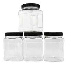 Load image into Gallery viewer, 32-Ounce Square Plastic Jars (4-Pack); Clear Rectangular 4-Cup Canisters w/Black Lids, Easy-Grip Side